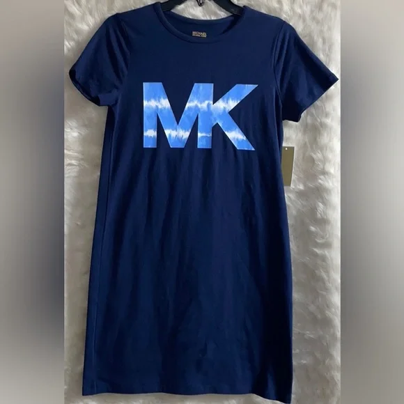 michael kors shirt dress navy Michael Kors Shirt Dress L Navy White Stripe Knit Long Sleeve Short Crew Casual
